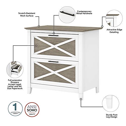 Bush Furniture Key West 2 Person Desk Set with Lateral File Cabinet, Pure White and Shiplap Gray
