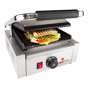 ALDKitchen Panini Press | Sandwich Maker Machine | Cast-Iron Plates | Adjustable Control | Nonstick Surface 9"x9" | 110V (ribbed)