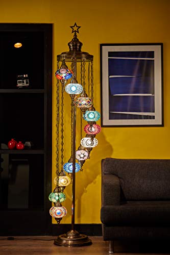 DEMMEX Turkish Moroccan Mosaic Tiffany Floor Lamp, 11 Big Size Globes, Handmade in Turkey, 7ft