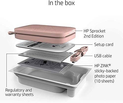 HP Sprocket Photo Printer, (2nd Edition) Print Social Media Photos on 2x3 Sticky-Backed Paper (Blush) + Photo Paper (50 Sheets) + USB Cable + 60 Decorative Stick-On Border Frames