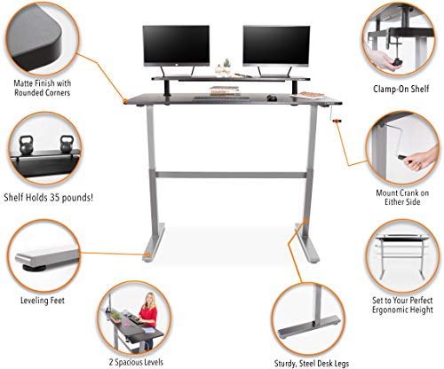 Stand Steady Tranzendesk 55 in Standing Desk with Clamp On Shelf | Easy Crank Height Adjustable Stand Up Workstation w/Attachable Monitor Riser | Holds 3 Monitors & Adds Extra Desk Space (55/Silver)