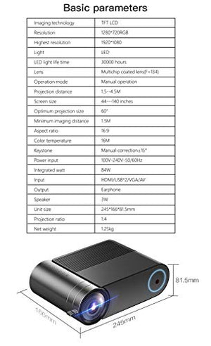 XJJY Full HD Projector 1080P 4.3" LED Light Portable Projector, 140'' Display, 30,000 Hrs Lamp Life