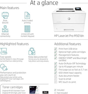 HP Laserjet Pro M501dn Monochrome Laserjet Printer, 2-Sided Printing, 45 ppm, Ethernet/USB, LCD Display, 650-Sheet Bundle