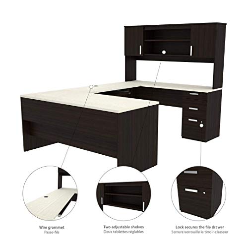 Bestar, Ridgeley Collection, Modern Executive Computer Desk with Pedestal and Hutch