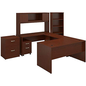Bush Furniture Commerce 60W U Shaped Desk with Hutch, File Cabinets and Bookcase in Autumn Cherry
