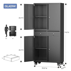 GLADIW Metal Storage Cabinet with Wheels, 2 Drawers, 2 Adjustable Shelves