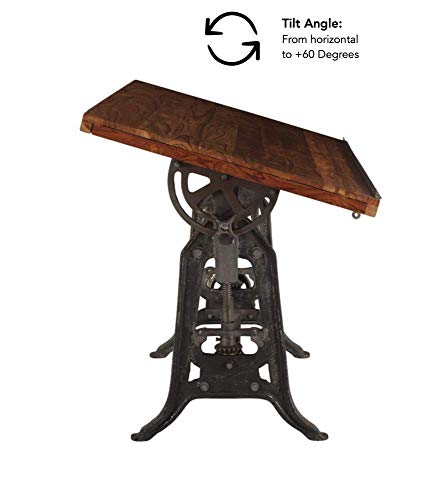 Vintage Drafting Table | Beirut Industrial Artist Desk Also Used as Full Standing Desk with Reclaimed Wood Table Top. Crank Adjustable Desk with Iron Cast Base, and tilt top Desk.