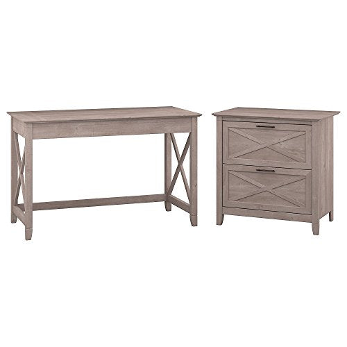 Bush Furniture Key West 48W Writing Desk with 2 Drawer Lateral File Cabinet in Washed Gray