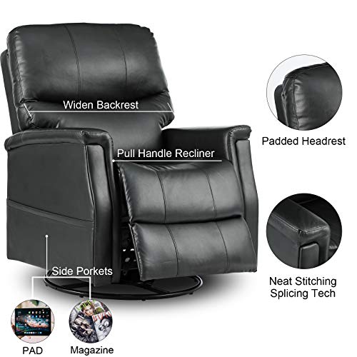 eclife Massage Recliner Chair with Lumbar Heating, 360 Degree Swivel& Rocking, Ergonomic Lounge Chair, Reclining Sofa for Living Room, Side Pocket， Remote Control (Black + PU, Swivel+Rocking)