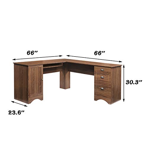 Large 66’’ L Shaped Desk Corner Computer Desk PC Table Home Office Writing Gaming Workstation with Drawers,File Cabinet,Hidden Storage Space Shelf,Walnut,66’’L x 66’’L x23.6’’W x30.3''H