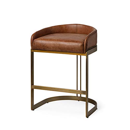 Unknown1 29" Brown Leather Seat Gold Metal Stool with Antique Finish