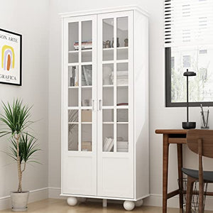 ECACAD 5-Tier Tall Bookcase Storage Cabinet with Acrylic Doors, White (31.5”L x 14”W x 72.3”H)