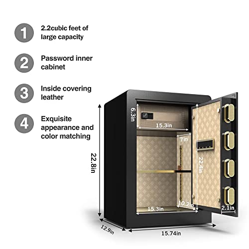 VrixTT Safe Box Fireproof Waterproof, 2.2 Cubic Feet Solid Alloy Steel Safe with Waterproof Bag, Electronic Digital Safe Box for Protect Jewelry, Valuables