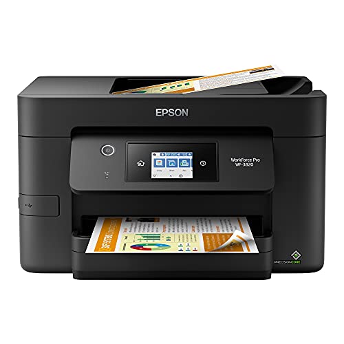 Epson Workforce Pro WF-3820 All-in-One Wireless Color Inkjet Printer, Black - Print Scan Copy Fax - 21 ppm, 4800 x 2400 dpi, 8.5 x 14, Auto 2-Sided Printing, 35-Sheet ADF, Ethernet