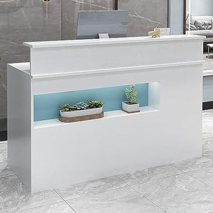 QUDEX Reception Desk Front Counter with Lights, Salon Office Checkout Table, Blue-A, 80x50x100cm