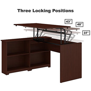 Bush Furniture Cabot 52W 3 Position Sit to Stand Corner Bookshelf Desk with Lateral File Cabinet in Harvest Cherry