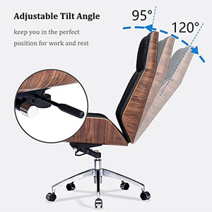 TOOMOO Genuine Leather High Back Executive Office Chair - 8-Layer Solid Walnut Wood, Aluminum Base