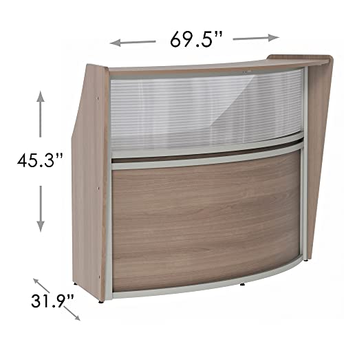Linea Italia Curved Office Clear Panel Reception Desk Counter | 72" x 32" Walnut