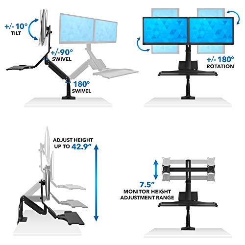 Mount-It! Dual Monitor Sit Stand Workstation with Gas Spring Arm | Height Adjustable Standing Desk Converter | 2 Integrated USB 3.0 Ports | VESA 75 100 | C-Clamp and Grommet Base