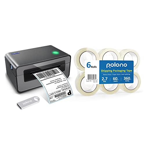 POLONO Label Printer - 150mm/s 4x6 Gray Thermal Label Printer, POLONO Packing Tape, 2.7 mil, 1.88" x 60 Yards, Total 360Y, 3" Core, 6 Rolls, Compatible with Amazon, Ebay, Etsy, Shopify and FedEx