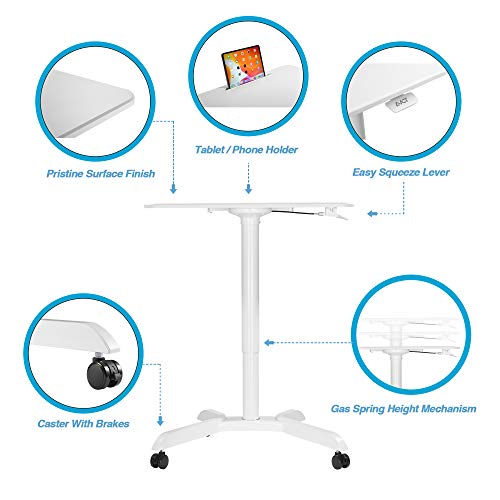 AVLT 44" Pneumatic Laptop Standing Desk Cart (3 ft 8 in) - Mobile Rolling Desk - Computer Projector Cart - Rolling Height Adjustable Folding Desk - Mobile White Cart with Brake Casters