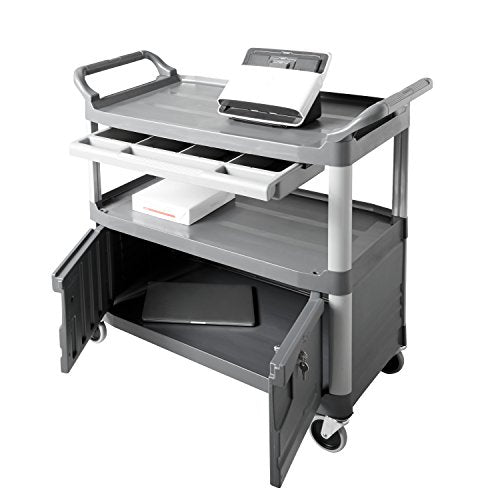 Rubbermaid Commercial Xtra Instrument and Rolling Utility Cart, Gray with Drawer and Cabinet - 300 lbs Capacity