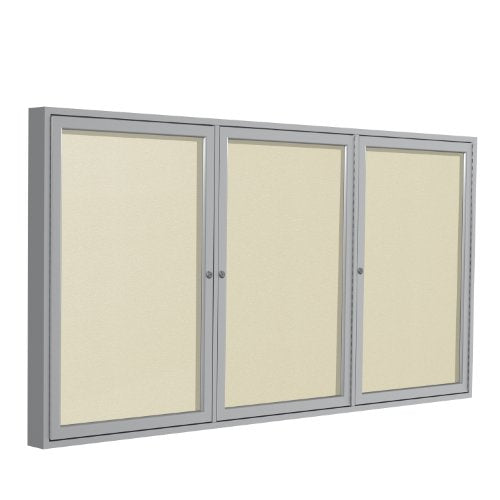 Ghent 4"x6"  3-Door Outdoor Enclosed Vinyl Bulletin Board, Shatter Resistant, with Lock, Satin Aluminum Frame - Ivory (PA346VX-185), Made in the USA