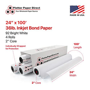 PlotterPaperDirect CAD Paper Rolls, 24’’ x 100’ (4 Pack) , 36 lb. Coated 92 Bright White Paper on a 2’’ Core, 75 GSM Plotter Paper For Engineers, Architects, Copy Service Shops w/ Inkjet Printers