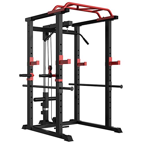 Power Cage 1000-Pound Capacity Exercise Stand Olympic Squat Cage Power Rack with LAT Pull-Down Attachment, Multi-Grip Pull-up Bar and Dip Handle for Men Women Strength Training Home Gym Equipment
