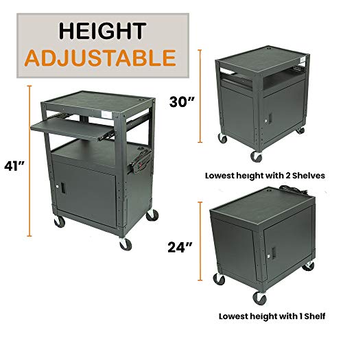 POCHAR Height Adjustable Steel Frame AV Cart with Keyboard Tray, Locking Cabinet, and 5ft 9in Power Strip