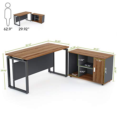 LITTLE TREE Executive Desk and File Cabinet Set - Walnut, 55" Desk, L-Shaped, Business Furniture with Storage Stand
