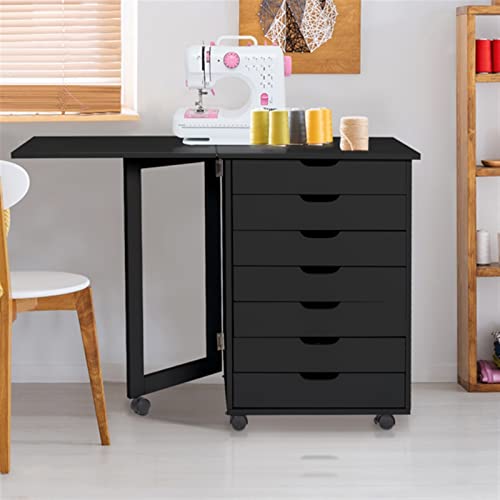 AcLipS 7-Drawer Wood Filing Cabinet Roll Cart with Desk - Black Color