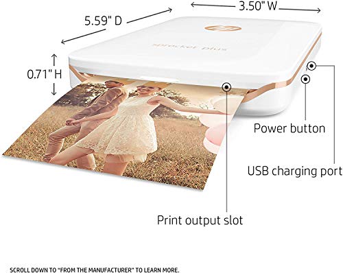 HP Sprocket Plus Instant Photo Printer, Print 30% Larger Photos on 2.3x3.4 Sticky-Backed Paper – White (2FR85A)