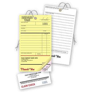 CheckSimple Custom Repair Tags and Invoice w/Claim Check - Pre-Numbered and Pre-Strung for Convenience (2000-3 Part Tags)