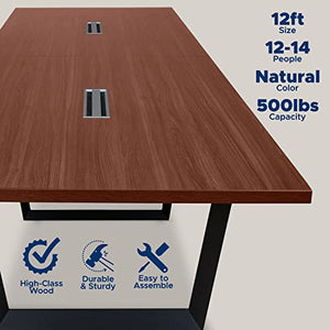 Ahliss Modern Conference Table with Cable Management Grommets - Wood Tabletop, Metal Frame & Legs - Mahogany, 12 Foot