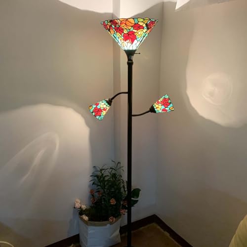 Bieye Tiffany Style Maple Tree Leaves Stained Glass Torchiere Floor Lamp, 70-inches Tall