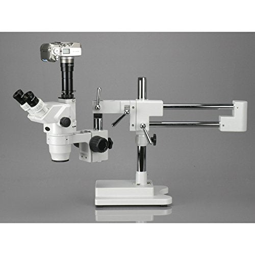 AmScope ZM-4TW3 Professional Trinocular Stereo Zoom Microscope, EW10x and EW25x Eyepieces, 2X-225X Magnification, 0.67X-4.5X Zoom Objective, Ambient Lighting, Double-Arm Boom Stand, Includes 0.3x and 2.0x Barlow Lenses