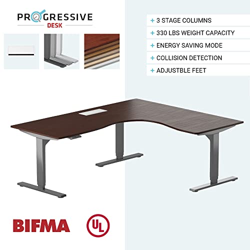 Progressive Automations Height Adjustable L-Shaped Standing Desk 59"x59" - Electric Corner Computer Desk - Gray Frame/Dark Oak Top