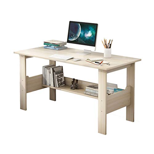 Us Fast Shipment I Shaped Computer Desk for Home Office Living Room,Wooden Smooth Desktop Table Corner Writing Study Desk with Two Layers Storage Book Shelf,Save Space (Wooden White)