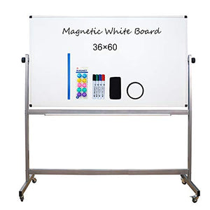 XIWODE Large Magnetic Mobile Dry Erase Board with Stand, 360 ° Rolling Double Sided Whiteboard with Silvery Grey Aluminum Frame, Perfect for School, Conference and Presentation,60 X 36 Inch