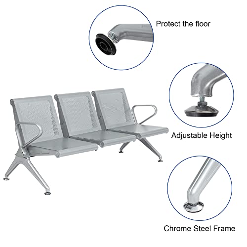 Kinsuite Office Guest Chairs 2Pcs 3-Seat Reception Chairs, 6-Seat Waiting Room Chair with Breathable Mesh & Ergonomic Backrest - Silver