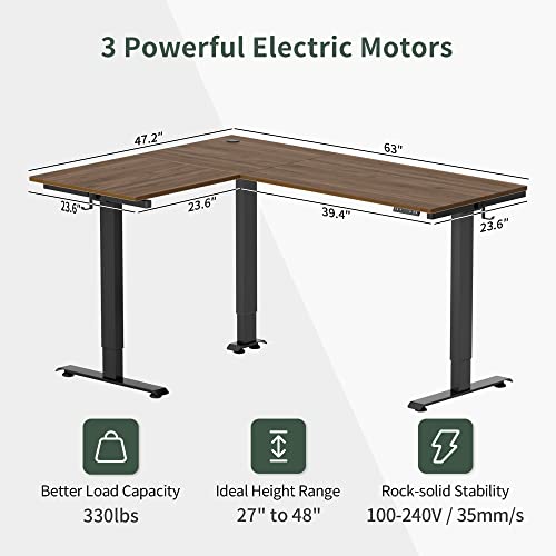 FEZIBO Triple Motor L-Shaped Electric Standing Desk, 63 Inches Height Adjustable, Black Frame/Black Walnut Top