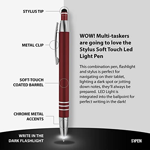 Promotional Pens with your Personalized Text or Custom Business Logo- Bulk 100 Pack- 3 in 1 Rubberized Metal Luxury Ballpoint Pens + LED Night Writer Flashlight + Stylus for Touchscreens, Assorted