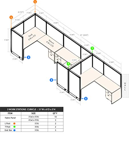 G GOF 3 Person Workstation Cubicle (6'D x 21'W x 4'H) - Office Partition, Room Divider