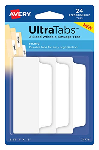 Avery Ultra Tabs, 3 x 1.5, 2-Side Writable, White, 24 Repositionable Filing Tabs, 48 Packs (74776)