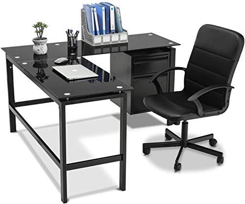 L Shaped Desk 56" Computer Corner Desk, Home Gaming Desk with Storage Drawer Under Desk, Office Writing Workstation with Glass Desktop and Metal Frame, Space-Saving and Easy Assemble