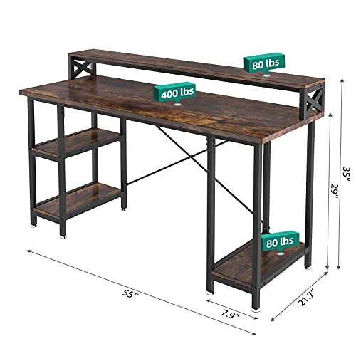 YITAHOME Computer Desk with 3 Storage Shelves, Writing Table with Double Layer for Monitor Stand, 55 inch Tabletop Workstation for Home Office Work Study, Rustic Brown