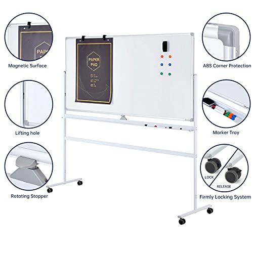 Large Mobile Rolling Magnetic Whiteboard - Adjust 360° 70 x 36 Inches Double Sided Dry Erase Board with Stand, Portable White Board Easel on Wheels for Office, Home & Classroom