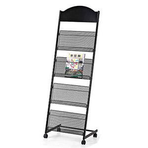 JacCos Rolling Brochure Display Stand - 4 Pocket Literature Rack with Wheels (Silver/Black)