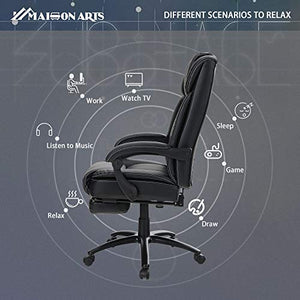 MAISON ARTS Big and Tall Bonded Leather Reclining Office Chair Task Chair, 400lb High Back Executive Massage Computer Desk Chair with Retractable Footrest and Metal Base for Home Office